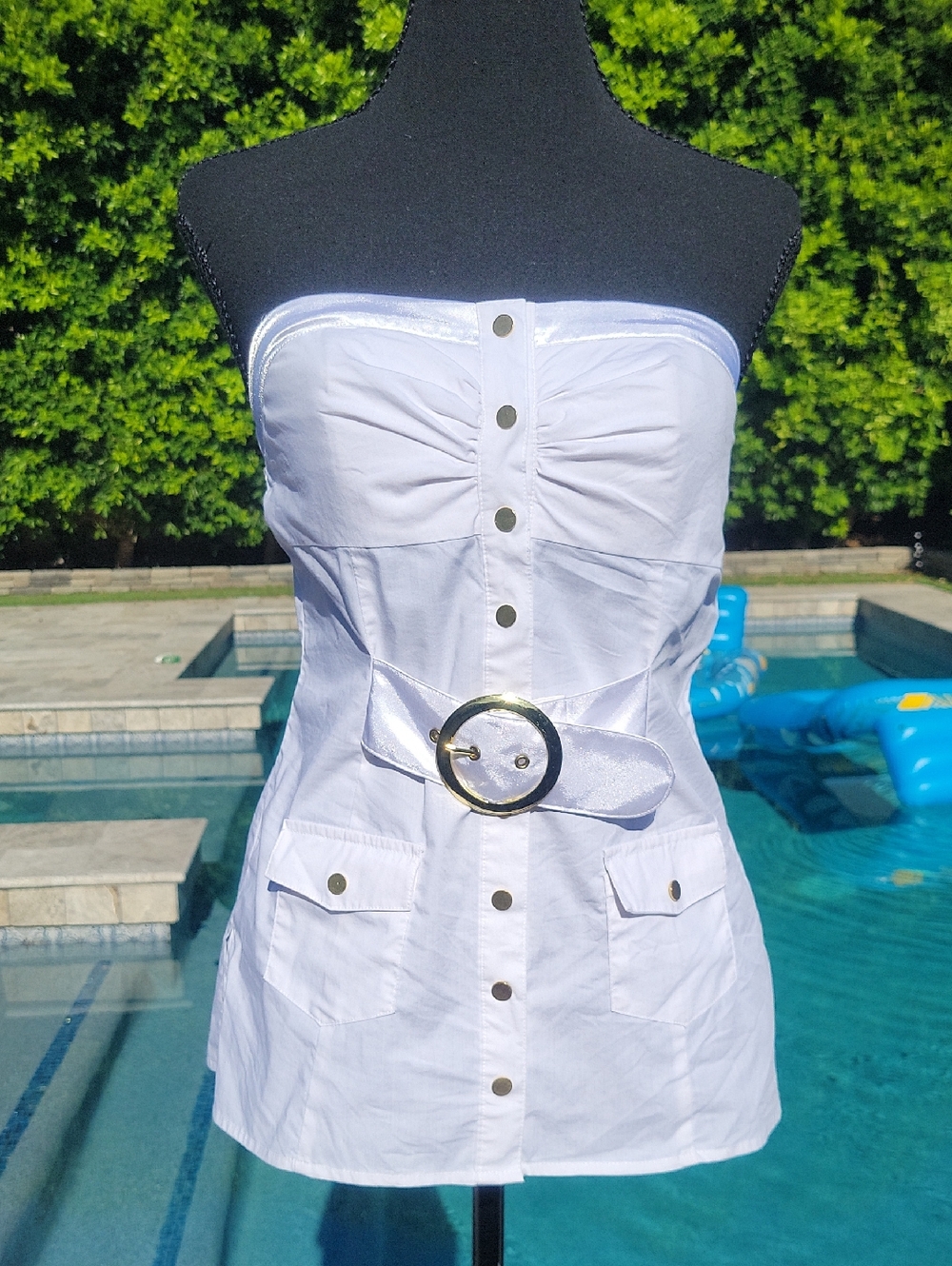 2B Bebe Y2K White Strapless Button-Front Top with Gold Accents
